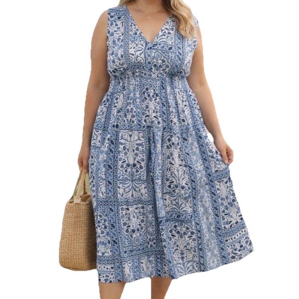 Old Navy Smocked Blue Paisley midi Dress Plus 2XL Coastal Resort Peasant Maxi